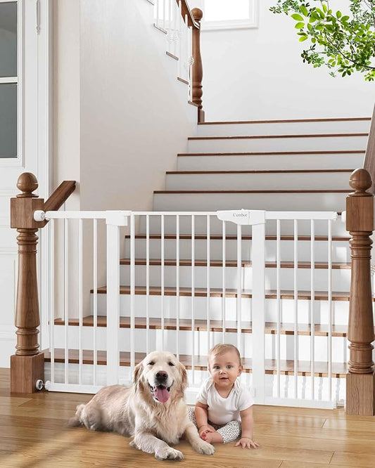Cumbor 29.7-54.2" Wide Baby Gate for Stairs, Mom's Choice Awards Winner-Self Closing Dog Gate Indoor for Doorways, No Drilling Pressure Mounted Pet Gates for Kids, Easy Walk Through Safety Gate, White-PawvioPets