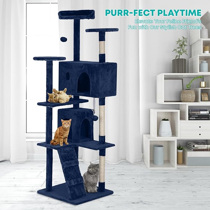 FDW Cat Tree 70in Cat Tower Multi-Level Durable Cat Scratching Post & Cozy Fun Cat Jumping Platform Space Saving Cat Condo Pet Play House for Indoor Cats,Navy Blue-PawvioPets