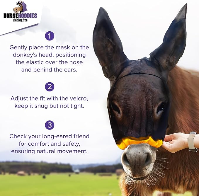 Donkey Fly Mask with Long Ears (Orange) Made in USA - Mule Fly Mask with Ears Protection from Insects and Bugs, Small Donkey Soft Mesh Fabric with Adjustable Fastener, Face Cover Supplies for Donkeys-PawvioPets