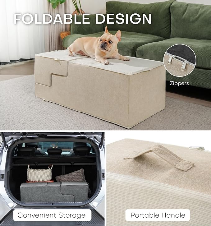 Dog Stairs for High Bed, Dog Steps for Bed Couch Sofa, 35D Foam Extra Wide Pet Steps for Small Dogs and Cats, Pet Stairs with Non-Slip Bottom Beige, 5 Steps-PawvioPets