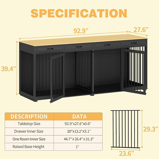 Extra Large Dog Crate with Double Rooms, 93" Heavy Duty Wooden Dog Cage Furniture Dog Crate Kennel w/Drawers & Removable Divider,Indoor Luxury Dog House for Large Dogs,Black-PawvioPets
