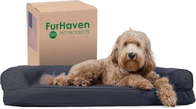 Furhaven Cooling Gel Dog Bed for Large/Medium Dogs w/ Removable Bolsters & Washable Cover, For Dogs Up to 55 lbs - Quilted Sofa - Iron Gray, Large-PawvioPets