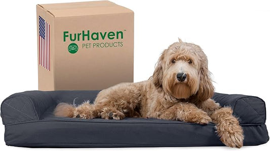 Furhaven Cooling Gel Dog Bed for Large/Medium Dogs w/ Removable Bolsters & Washable Cover, For Dogs Up to 55 lbs - Quilted Sofa - Iron Gray, Large-PawvioPets