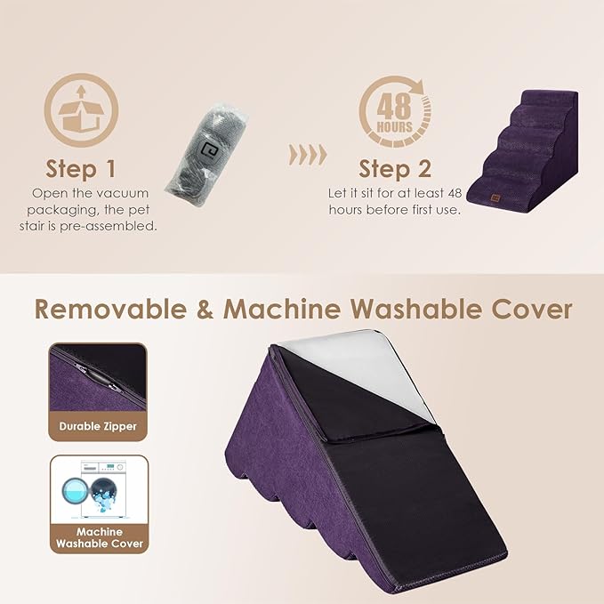 EHEYCIGA Curved Dog Stairs Ramp for High Beds 22.6" H, 5-Step Dog Steps for Small Dogs and Cats, Pet Stairs for High Bed Climbing, Non-Slip Balanced Pet Step Indoor, Purple-PawvioPets