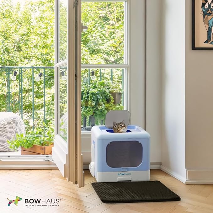 Foldable Cat Litter Box w/Lid, Scoop & Mat, Drawer Design Cat Toilet for Kitten, Two-Way Entry Kitty Litter Box, Odor Control & Easy to Clean, Blue-PawvioPets