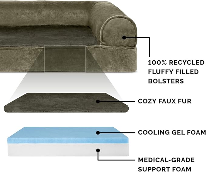 Furhaven Cooling Gel Dog Bed for Large Dogs w/ Removable Bolsters & Washable Cover, For Dogs Up to 125 lbs - Faux Fur & Velvet Sofa - Dark Sage, Jumbo Plus/XXL-PawvioPets