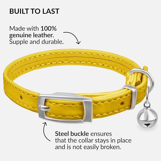 CollarDirect Leather Cat Collar with Bell - Kitten Collar, Small and Big Cat Strap for Boy Cats, Girl Cats with Safety Elastic Strap (Neck Fit 8"-11", Yellow)-PawvioPets