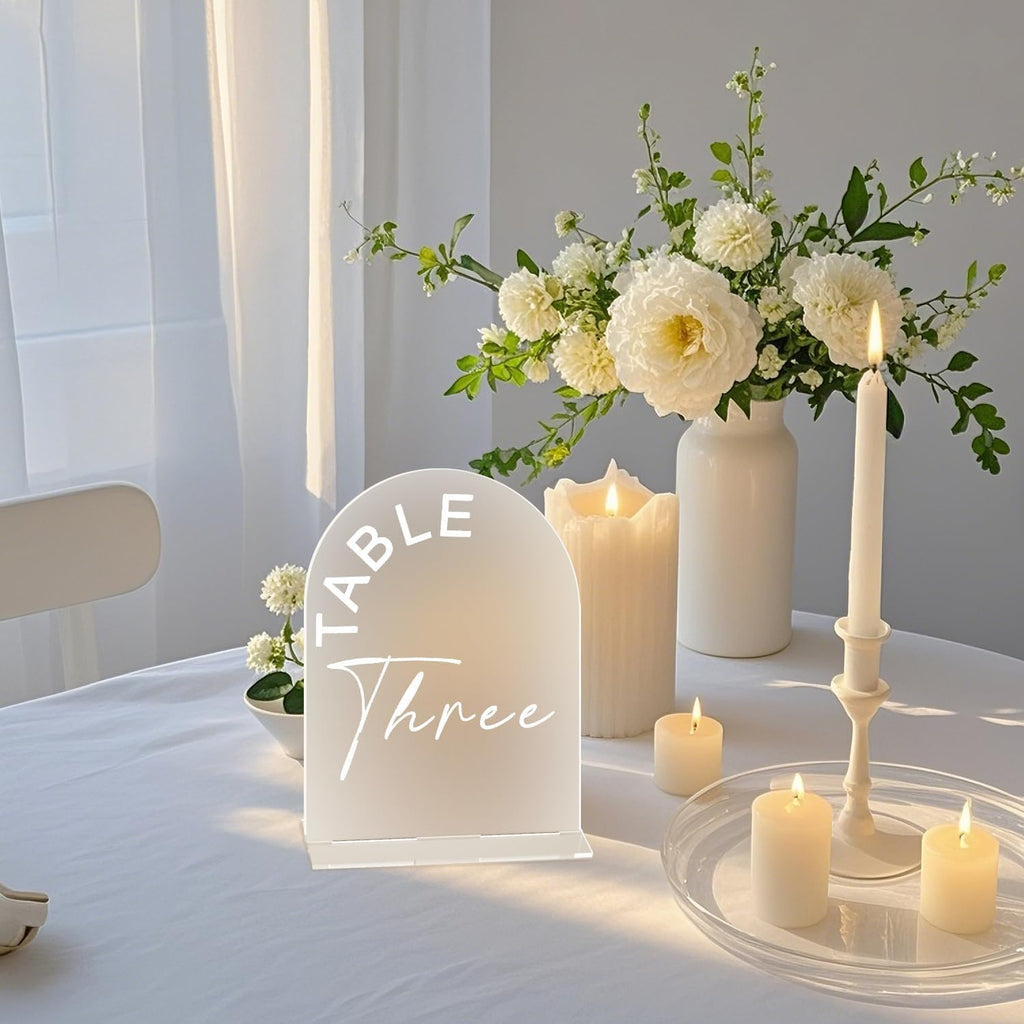 Frosted Arch Wedding Table Numbers 1-15 with Stands, 5x7 Inch Acrylic Arch Sign with Holder for Wedding Reception Table Centerpiece Decoration