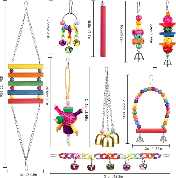 Bird Toys for Conures with Colorful Ladder Hammock Bird Cage Accerious Bird Perch Stand Chewing Toys Hanging Bell for Parrot Parakeet Cockatiel Lovebirds-PawvioPets
