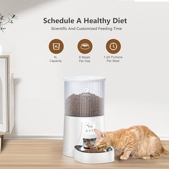 Automatic Cat Feeder: 4L Timed Cats Food Dispenser Programmable 1-6 Meal for Cat and Small Medium Dog- Auto Pet Feeder Dual Power Supply with Stainless Steel& | Detachable Washable White-PawvioPets