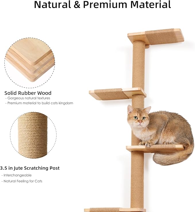 5 Tier Floor to Ceiling Cat Tree Tower with Wall-Mounted Scratching Post, Playful Wall Climbing Shelves for Cats, Ideal for Kittens to Climb, Scratch, and Lookout, Wild Simulation Design-PawvioPets