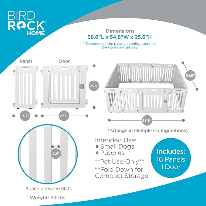 BIRDROCK HOME Dog Playpen w/Door, 16 Panel, 25.6in H | Strong Plastic, Non-Slip Puppy Playpen, Secure Pet Gate | Indoor Outdoor Fence | Configurable Panels | Medium to Large Pets - White-PawvioPets