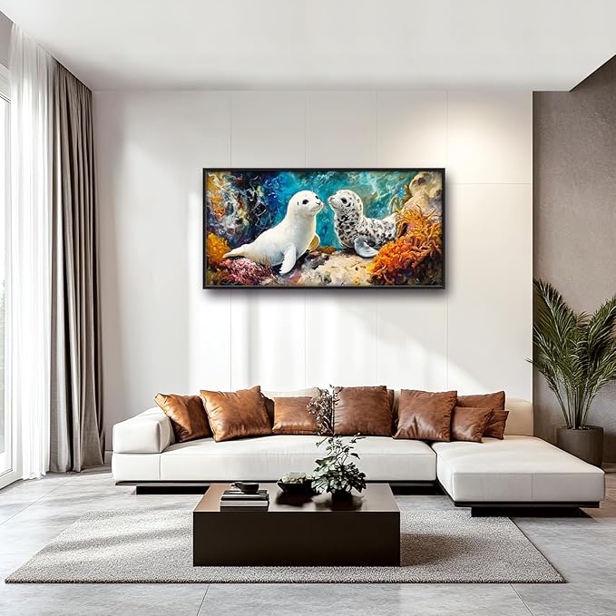 Extra Large Seal Framed Wall Art for Living Room,Oversized Underwater Animal Pictures Wall Decor,Ocean Coral Reef Canvas Print Painting Modern Artwork Bedroom Office Bathroom 60L" x 30W"-PawvioPets