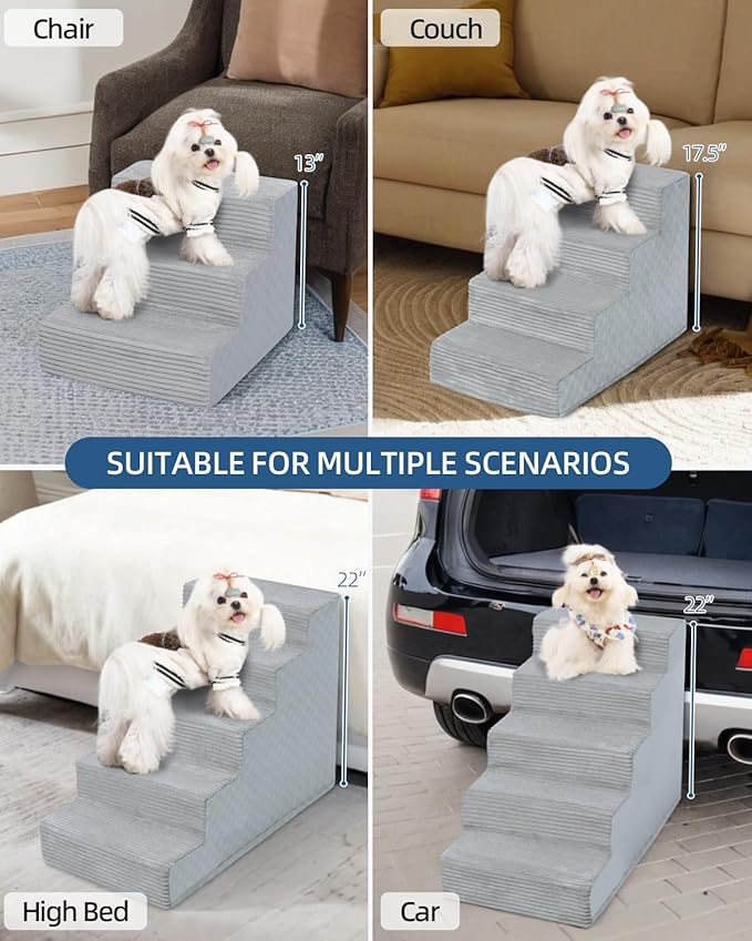Dog Stairs for Small Dogs,13" H,3-Step Dog Steps for Bed and Couch with High Density Foam,Non-Slip Pet Steps for Doggy and Cat,Pet Stairs with a Washable Cover,Grey-PawvioPets