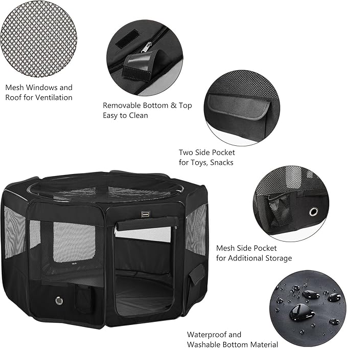 DONORO Dog Playpen Portable Pet Play Pens for Small Dog/Cat/Rabbit/Chicks, Cat Playpen Indoor/Outdoor with Carring Case, Removable Zipper Top and Bottom (Black, Small (29"x29"x15"), 8)-PawvioPets