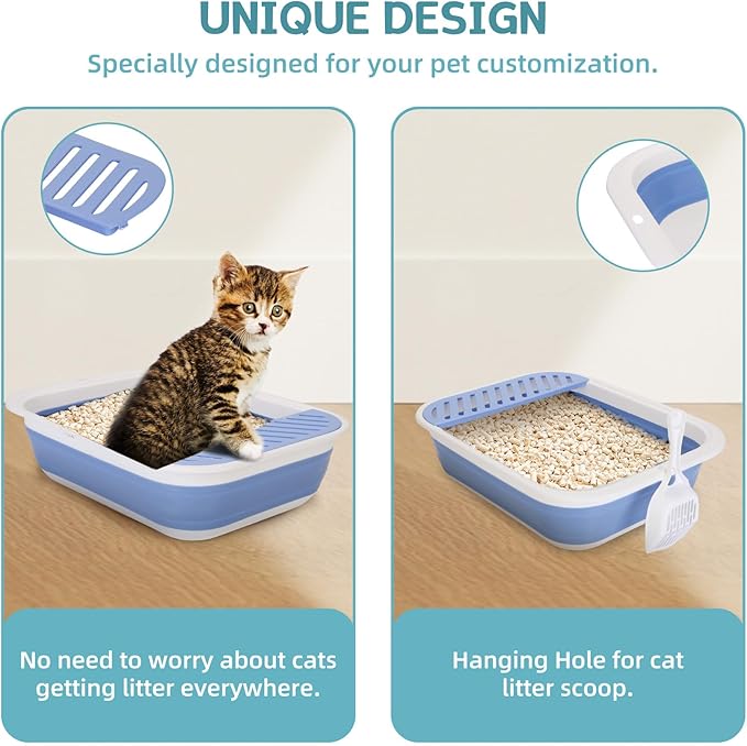 Collapsible Kitten Litter Box, ShineMe Open Top Small Cat Litter Box with Scoop and Litter Bag, Anti-Splash Waterproof Kitty Toilet Potty Pan for Sick Frail Cat 17" x 13.5", Blue-PawvioPets