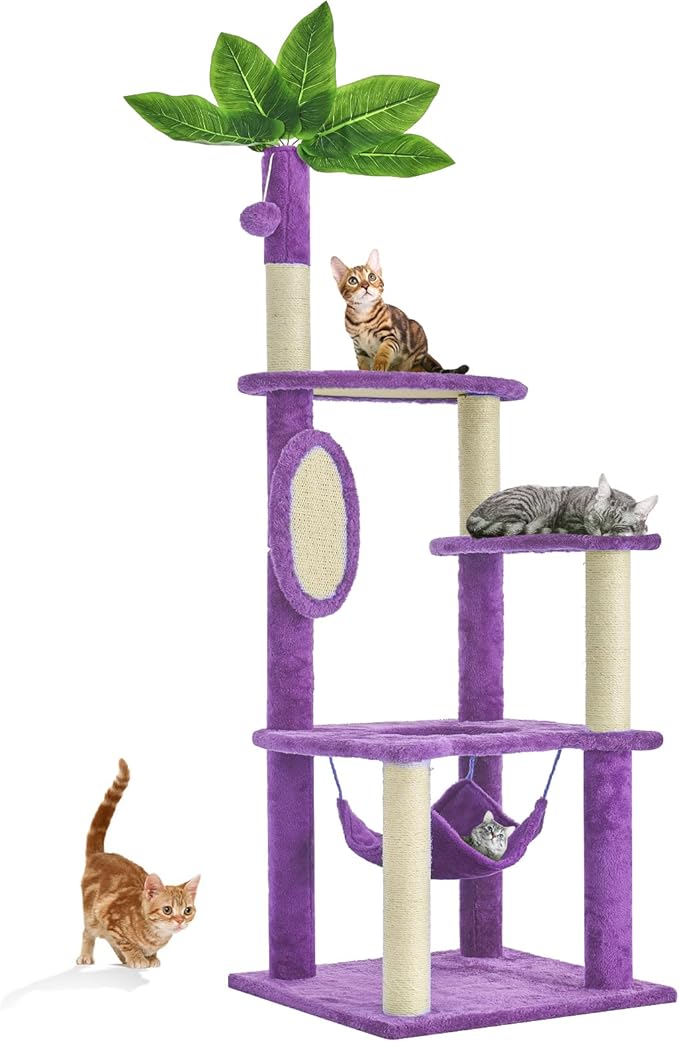 55 Inch Large Cat Tree Tower for Indoor Cats with Hammock Green Leaves Sisal Scratching Post, Plush Hang Ball Play Furniture for Kittens & Adult Cats, New Purple-PawvioPets