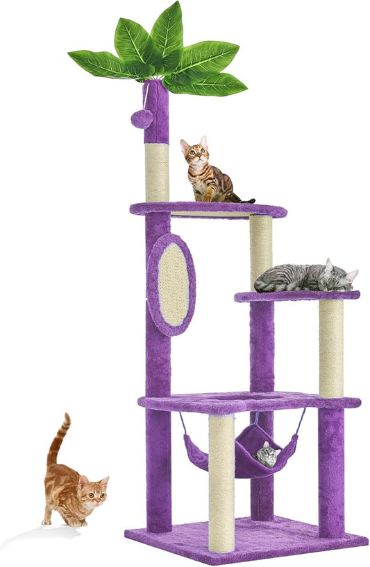 55 Inch Large Cat Tree Tower for Indoor Cats with Hammock Green Leaves Sisal Scratching Post, Plush Hang Ball Play Furniture for Kittens & Adult Cats, New Purple-PawvioPets