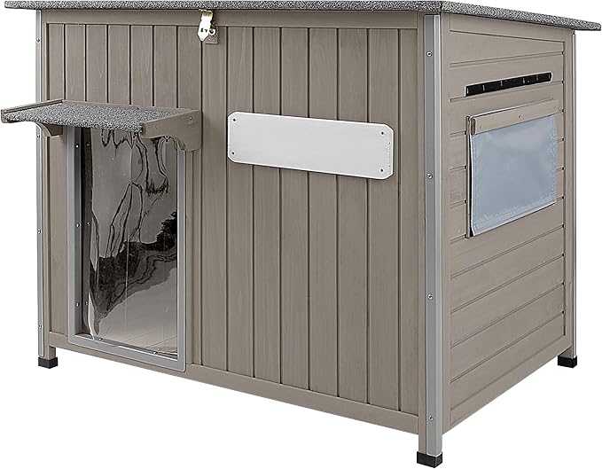 43.3" L Large Outdoor Dog House Weatherproof Doghouse for Medium to Large Dogs with Anti Bite Frames Wooden Dog Kennel with Window,8 Elevated Feet,Reinforced Bottom for Pet Up to 180 LBS-PawvioPets