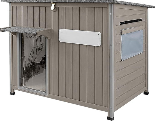 43.3" L Large Outdoor Dog House Weatherproof Doghouse for Medium to Large Dogs with Anti Bite Frames Wooden Dog Kennel with Window,8 Elevated Feet,Reinforced Bottom for Pet Up to 180 LBS-PawvioPets