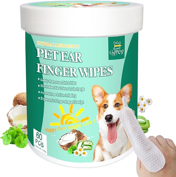 60 ct Pet Ear Finger Wipes for Dogs - Extra-Coverage and Large Design with Coconut Oil and Aloe Vera, Relieve Ear Itching and Inflammation, Remove Ear Wax and Debris, Soothing Cleansing Deodorizing-PawvioPets