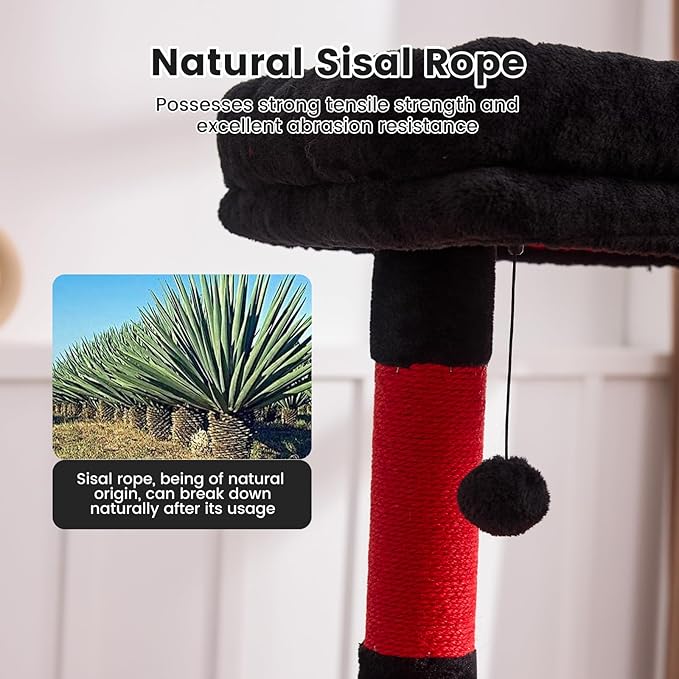Gardner Pet 65in Heavy Duty Cat Tree Tower for Large Cats, Multi-Level Cat Furniture with Replaceable Sisal Scratching Post, Hammock | Extra-Large Platform & Condo (Black Red, Basic φ:2.84")-PawvioPets