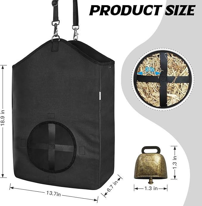 3 PCS Goat Hay Feeder,Hay Bags for Horses,Goats,Donkeys with Reinforced Oxford Fabric and High Strength Metal Clasp,Horse Feeding Supplies with Adjustable Strap for Easy Hanging (3Black)-PawvioPets