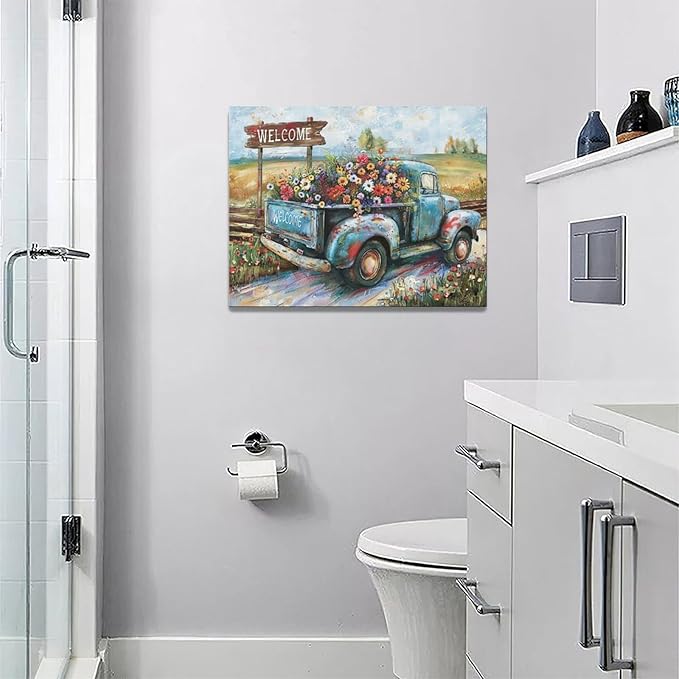 Farmhouse Truck Wall Art Rustic Country Wildflowers Wall Decor Road Flowers Landscape Pictures Canvas Print Painting Artwork for Bathroom Living Room Bedroom 12"x16"-PawvioPets