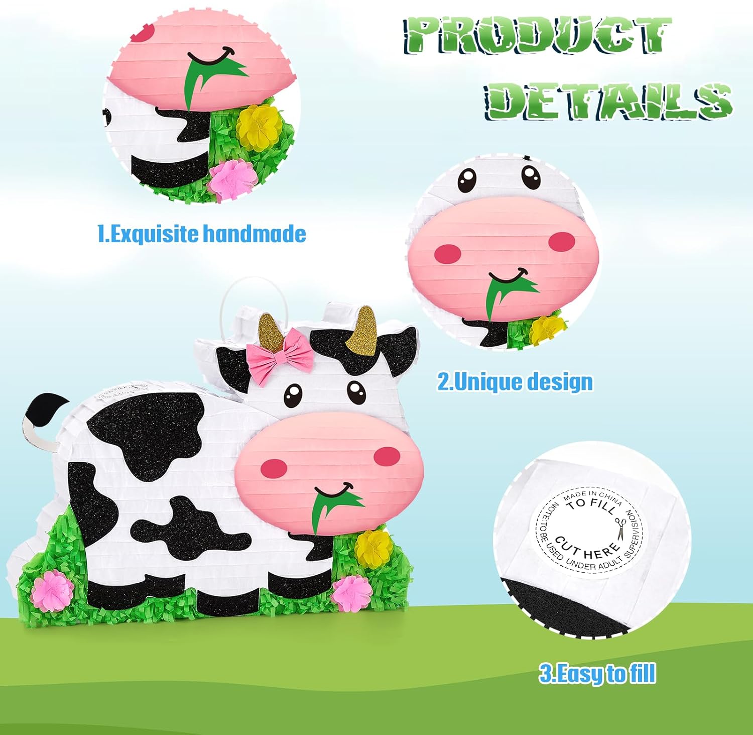 WERNNSAI Dairy Cow Piñata - Farm Animal Party Game Cow Pinata for Girls Birthday Party Decorations Kids Happy Party Favor Supplies with Bat Blindfold, Farm Theme Candy Toys Filler