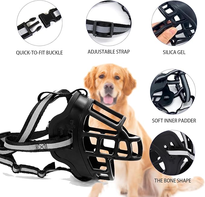 Dog Muzzle, Breathable Basket Muzzles for Small Medium Large Sized Dogs, Adjustable Humane Cage Mouth Cover for Scavenging Grooming Biting Chewing, Allows Panting and Drinking(Soft Rubber, M)-PawvioPets