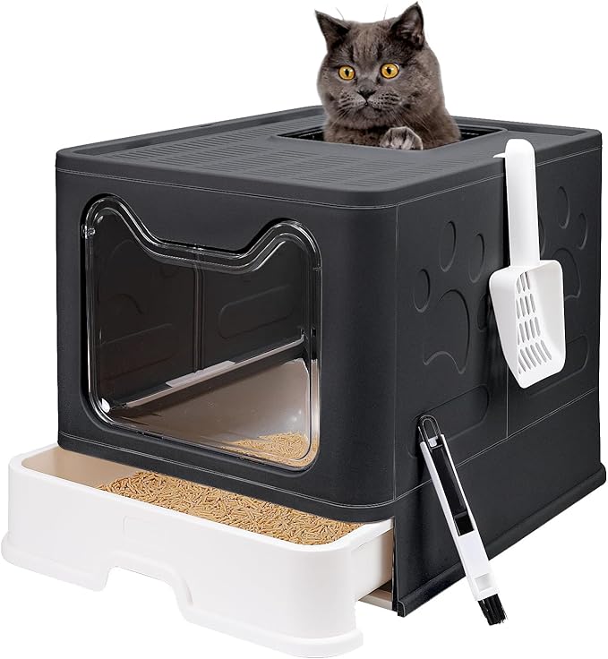 Foldable Cat Litter Box with Lid, Enclosed Potty, Large Top Entry Anti-Splashing Toilet, Easy to Clean Including Litter Scoop and 2-in-1 Cleaning Brush (Black)-PawvioPets