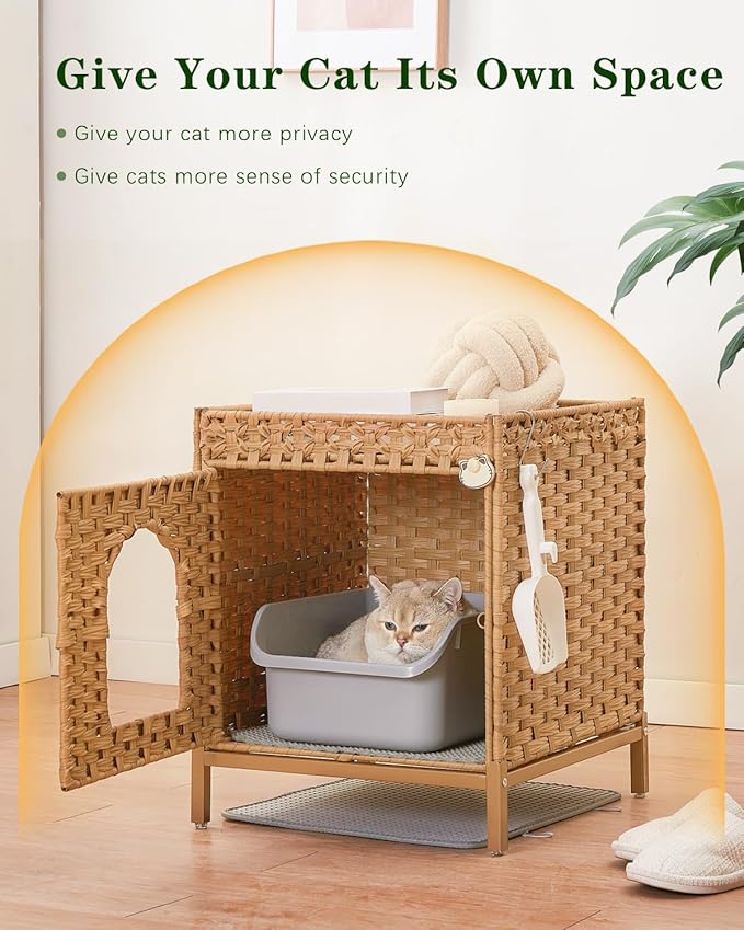 Cat Litter Box Enclosure Hidden Litter Box Furniture with Metal Heightened Feet, Rattan Handwoven Cat House with Litter Mat, Hidden Litter Box Furniture for Bedroom Living Room Natural-PawvioPets