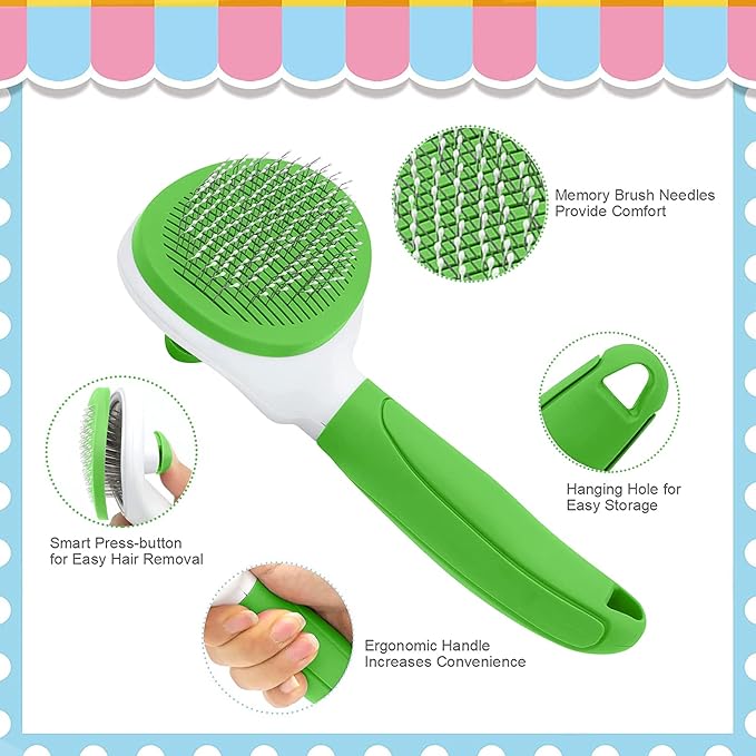 Cat Brushes for Indoor Cats, Dog Brush for Shedding with Metal Cat Comb, Self Cleaning Pet Hair Brush with Release Button for Grooming Kitten(Green)-PawvioPets