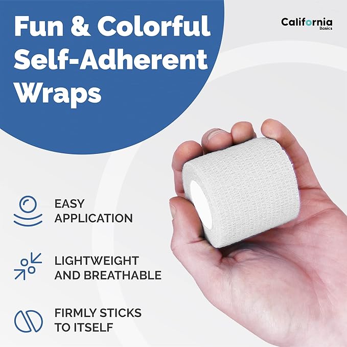 California Basics Self Adhesive Bandage Wrap - Self Adhering Non Woven Cohesive Bandage Rolls - Stretch Wrap - Multi Colored Athletic Tape for Wrist - Waterproof (2 inch- 12 Pack- White)-PawvioPets
