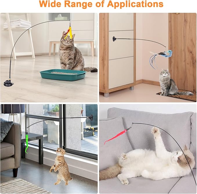 Cat Feather Toys, 10PCS Toys with Super Suction Cup, 2PCS Detachable Wand & 6PCS Replacement Teaser Refills, Interactive Indoor Cat Play-PawvioPets