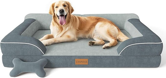 Extra Large Dog Bed, Orthopedic XL Dog Bed with Cooling Gel Memory Foam, Waterproof Pet Bed with Removable Washable Cover, 42" Pet Sofa Couch Dutch Velvet with Bone Toy, Dark Gray-PawvioPets