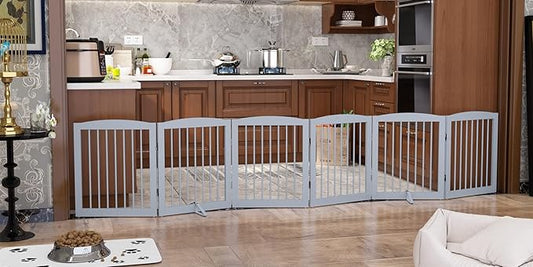Freestanding Pet Gate for Dogs, Foldable Wooden Dog Gate for House, Extra Wide Indoor Pet Barrier for Stair, Doorway, Hall, Support Feet Included, 120 Inch Wide, 6 Panels 24", Grey-PawvioPets