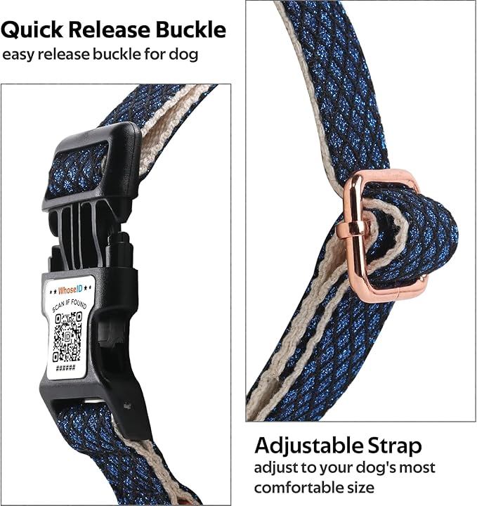 Dog Collar with Waterproof AirTag Holder & Anti-Lost QR Code, Cute Bling Warpping Adjustable Width for Small Medium Large Pet (Blue, L)-PawvioPets