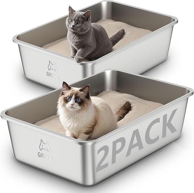 2 Pack Stainless Steel Cat Litter Box, 23.4" L×15.6" W×7.8" H, Metal Kitty Litter Box with High Sided for Big Cats, Non-Stick, Easy to Clean, Odor-Free-PawvioPets