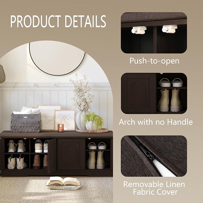 DINZI LVJ Shoe Bench, Entryway Storage Bench with Doors, Cushion, 2-Tier Shoe Rack with 8-Cubby, 47.2”L x 13.8”W Shoe Organizer Cabinet, Adjustable Shelf, Living Room, Bedroom, Espresso-PawvioPets