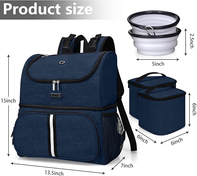 BAGLHER Pet Travel Bag, Double-Layer Pet Supplies Backpack (for All Pet Travel Supplies), Pet Travel Backpack with 2 Silicone Collapsible Bowls and 2 Food Baskets Dark Blue-PawvioPets