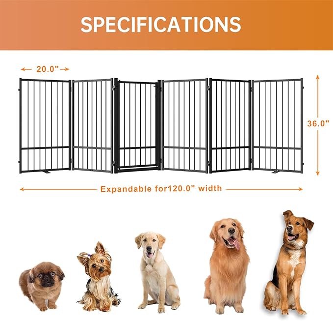 Full Metal Freestanding Dog Gate with Door, 36''Height Foldable Pet Dog Fence for Indoor & Outdoor, 6 Panels Extra Wide Free Standing TallDog Gates for Doorways,House,Stairs,Porch,Deck,Yard-PawvioPets