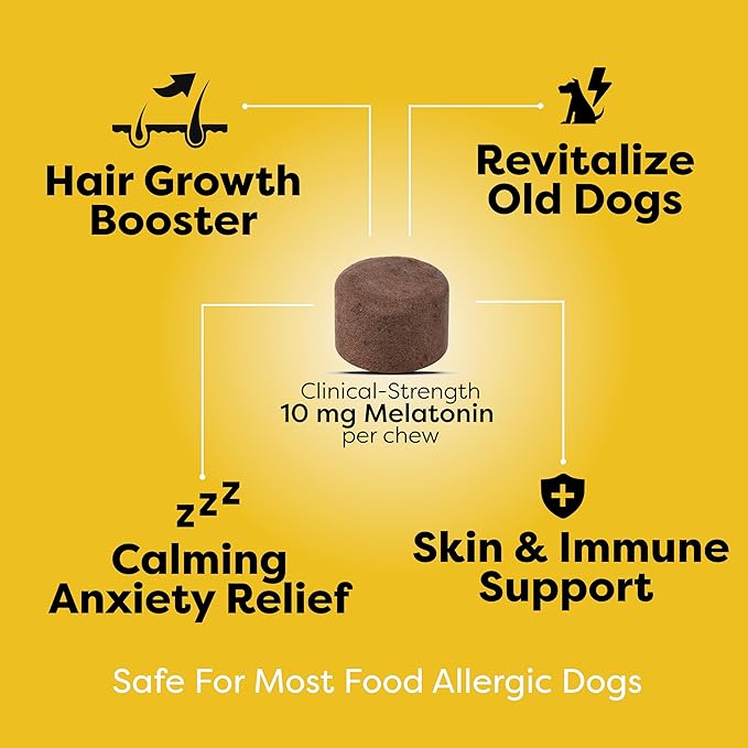 Doc Itchy Rejuvenating Hair-Grower Dog Pet Chews | 10mg Melatonin for Dogs | Hair Growth Booster | Senior Dog Energizer | Calming | Medical-Strength | Food Allergy Safe | Vegan | 90 Count-PawvioPets