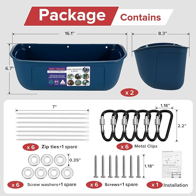 Goovilla Large Feed Trough, Hanging or Screw-in Fence Feeder with Clips, 2 Pack 9 Quart Goat Feeder Supplies, Dog Horse Hog Pig Livestock Poultry Plastic Feeder Trough Bucket for Large Animal, Blue-PawvioPets