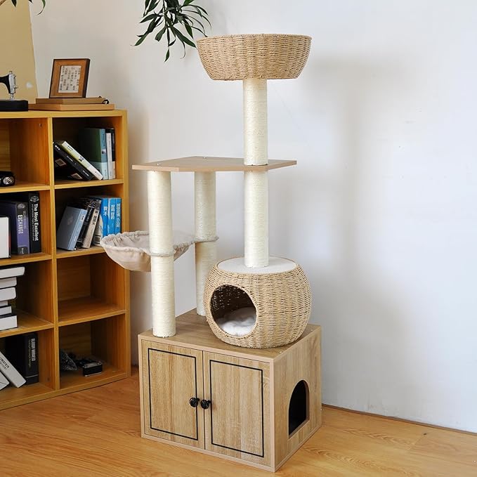 56.7" Tall Rattan Cat Tree for Indoor Cats, Multi-Level Wooden Cat Tower with Scratching Posts, Large Cat Climbing Furniture with Perches-PawvioPets
