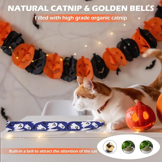 EXPAWLORER Halloween Cat Toys, 4 pcs Soft Pillow Catnip Toys with Bells Inside, Interactive Bite Resistant Fish Shape Kicker Toys for Indoor Kitten Playing-PawvioPets