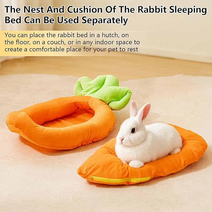 Bunny Bed,Thick&Soft Rabbit Bed with Removable Cushion,Machine Washable with Rattan Mat & Heart Decor,Cozy Warm Small Animal Sleeping Beds (Carrot Shape-M)-PawvioPets