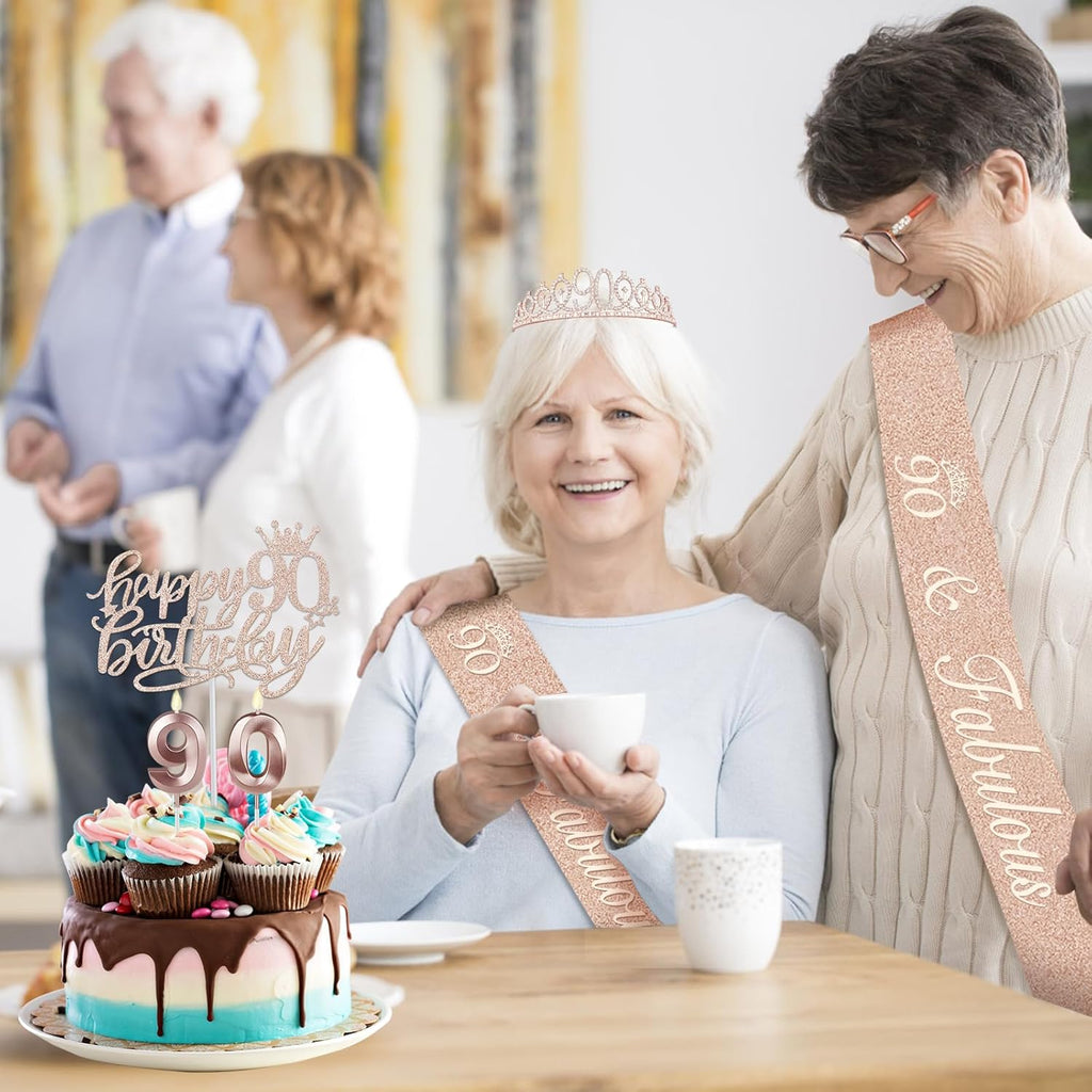 90th Birthday Decorations Women, Including Crown/Tiara, Sash, Cake Topper and Candles, Happy 90th Birthday Decorations for Women