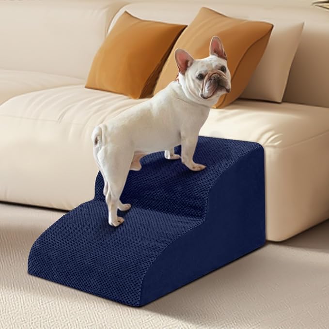 Dog Stairs for Small Dogs - High Density Foam Pet Steps, Extra Wide Dog Ramp with Non-Slip Bottom for High Beds, Couch and Sofa, Best for Dogs Injured, Older Doggy Cats,2 Steps, Navy-PawvioPets