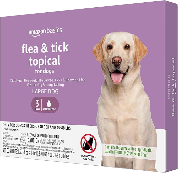 Amazon Basics Flea and Tick Topical Treatment for Large Dogs (45-88 pounds), 3 Count (Previously Solimo)-PawvioPets